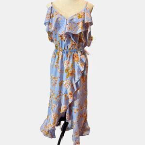 Hint of blush Floral ruffle maxi Dress in Blue